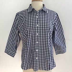 L.L. Bean Wrinkle Free Cotton 3/4 sleeve blue/white checked button up shirt LP